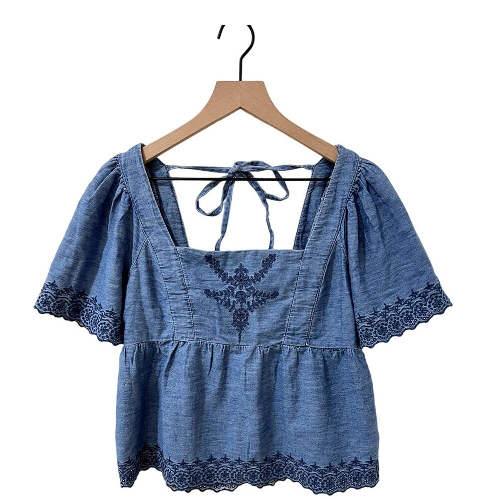 Chambray Flutter Sleeve Embroidered Peasant Top
